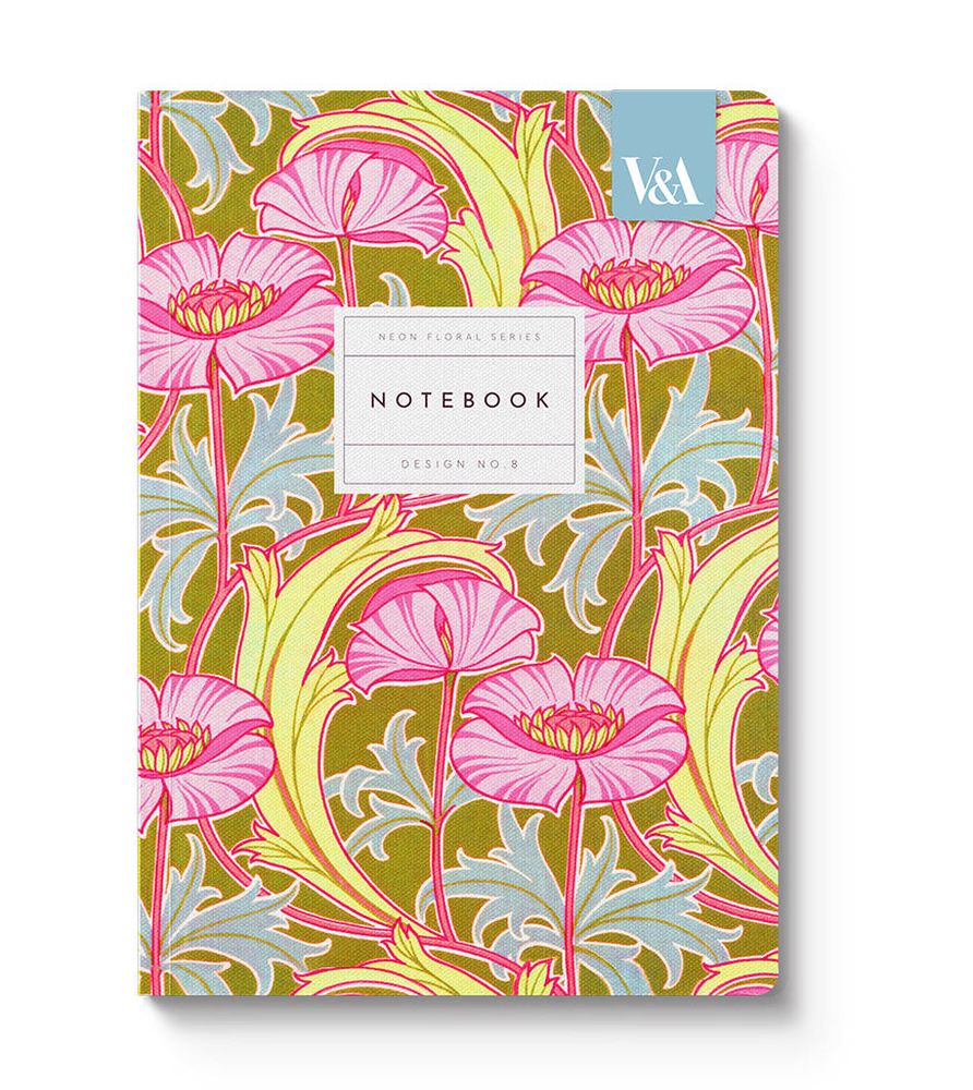 V&A A5 Textured Soft Cover Notebook-Neon Floral Pink Poppies  