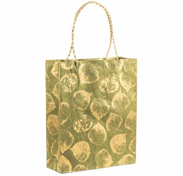 Gift Bag Large-Leaves Gold On Olive