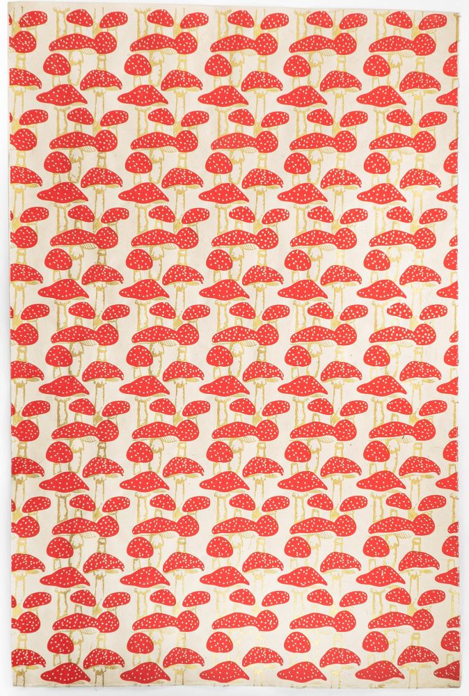 Wrap-Mushrooms Red and Gold On Cream