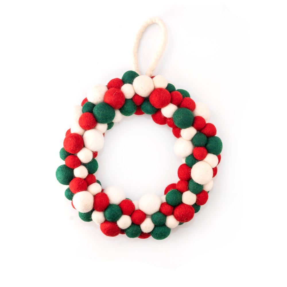 Wreath Small-Felt Green White Red Balls