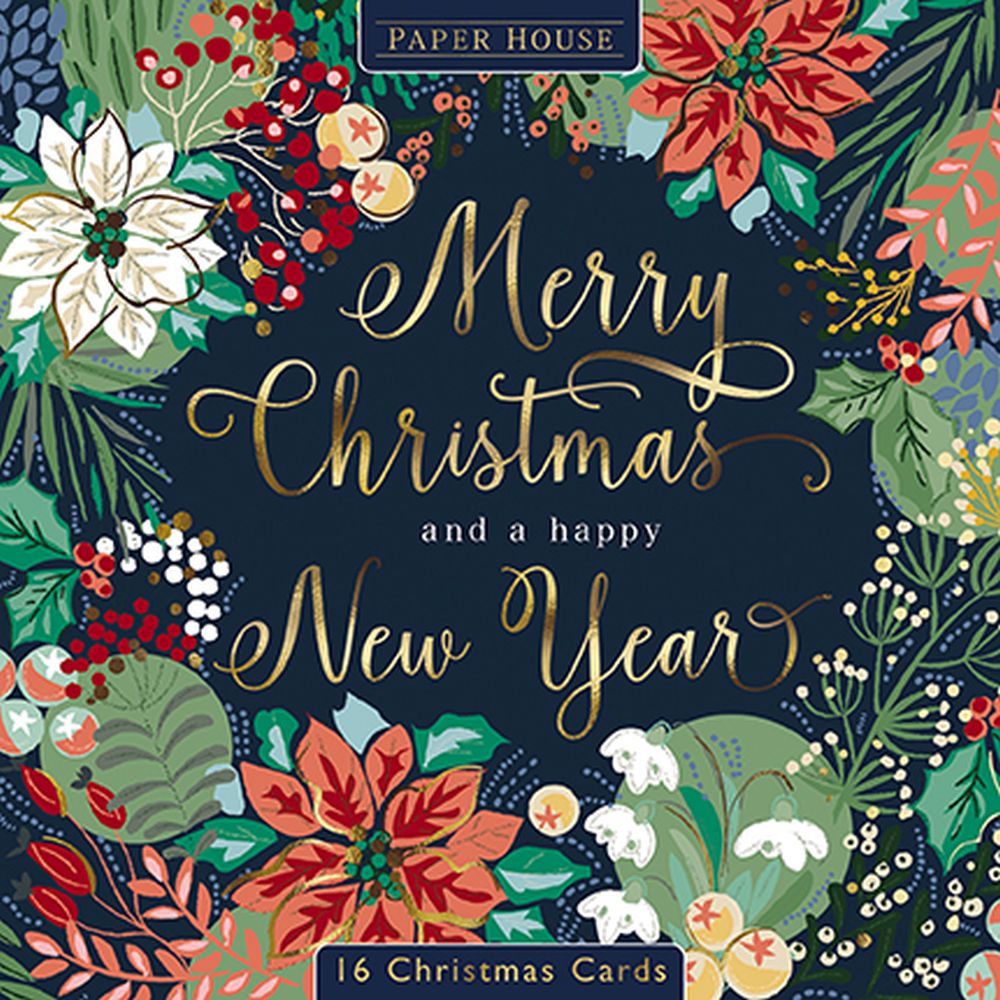 Boxed Card Park of 16 (2 designs)-Floral Wreath and Tree