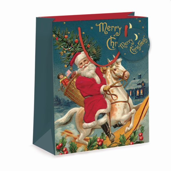 Gift Bag Medium-Santa Rocking Horse