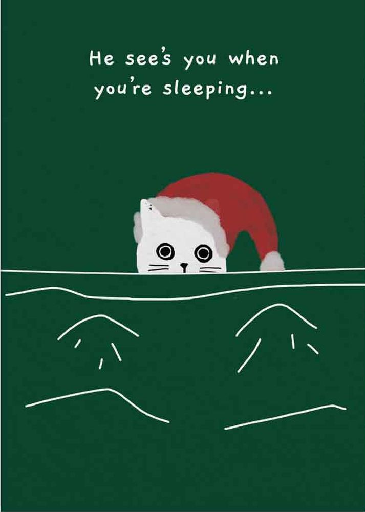 Card-He Sees You When You're Sleeping Cat
