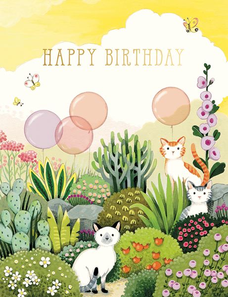 [JJ-C-096] Foil Card-Cats in Garden Birthday