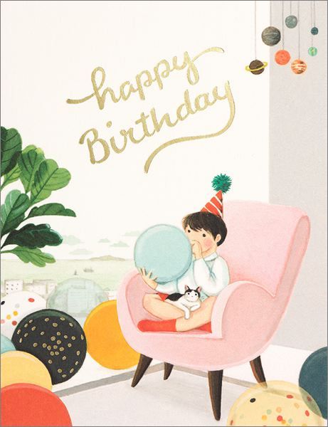 [JJ-C-077] Foil Card-Blowing Balloons Birthday