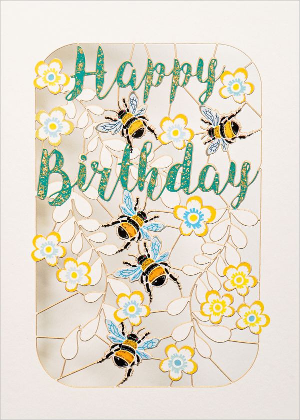 [FO-BE002] Laser Cut Card-Birthday Bee and Flowers