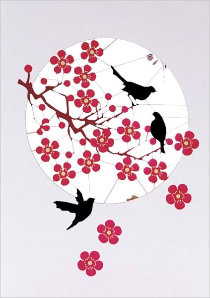 [FO-PM0683] Laser Cut Card-Pink Blossom with Black Birds